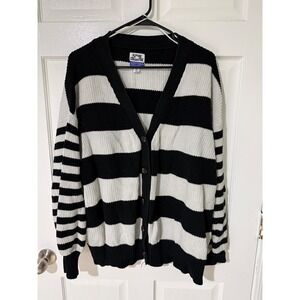 Future Collective Black White Striped V Neck Button Front Cardigan Sweater 2X
